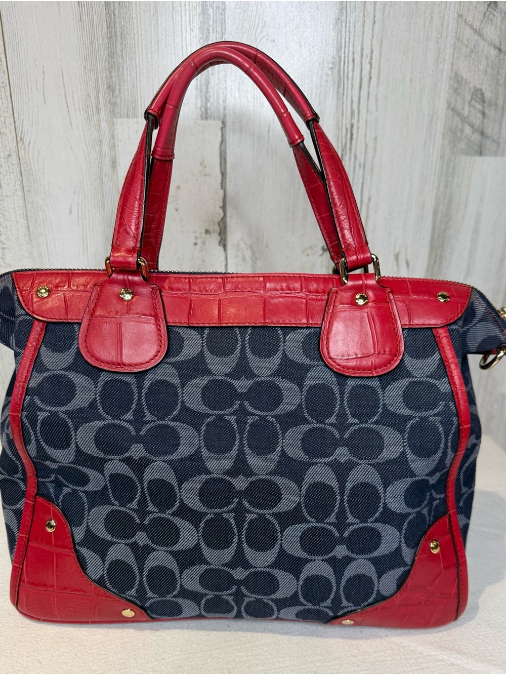 Coach Mickey Denim Satchel with Red Croc Embossed Leather Trim ‼️Dropping Soon‼️ - Picture 2 of 3